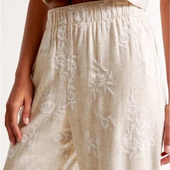 Abercrombie & Fitch Pants - ABERCROMBIE & FITCH Pull On Linen Wide Leg Embroidered Pant Floral Sz XL {3K32}
